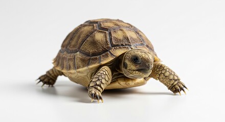 Obraz premium A tiny brown tortoise with an intricate shell slowly walks under bright studio lighting.. AI Generated