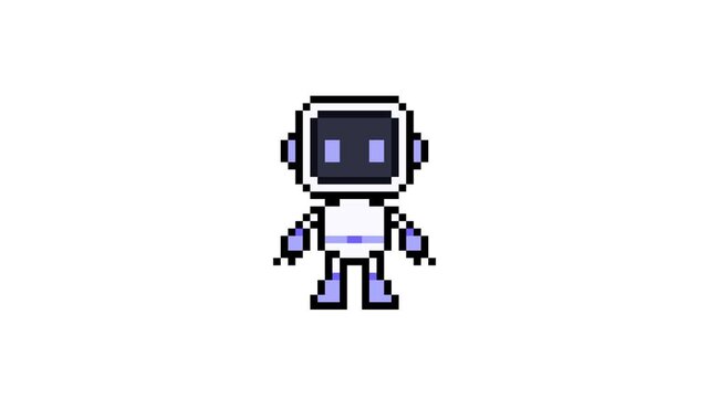 8-bit pixel art purple cute humanoid robot character. looped animation 4k 30fps
