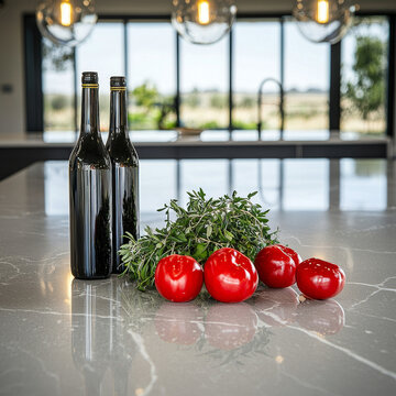 Dark bottles, fresh green herbs, and red tomatoes on a modern kitchen's marble countertop, with a bright window view