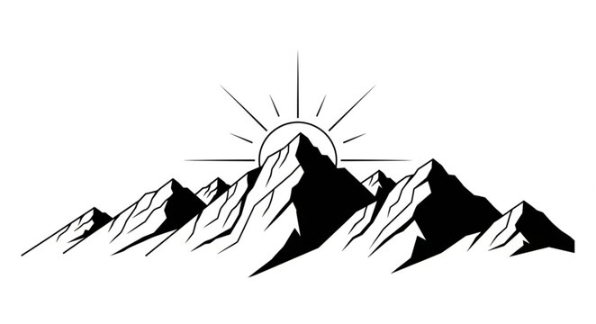 Hand drawn mountain range with rising sun.