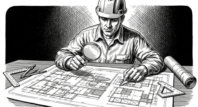 Construction engineer reviewing project blueprints at desk.