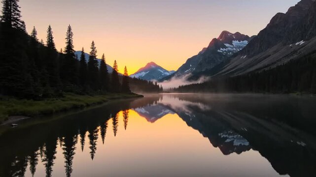 Wide angle view of a serene mountain lake at sunrise with snow-capped peaks reflecting in still water, surrounded by evergreen pine trees and thin morning mist over the surface.