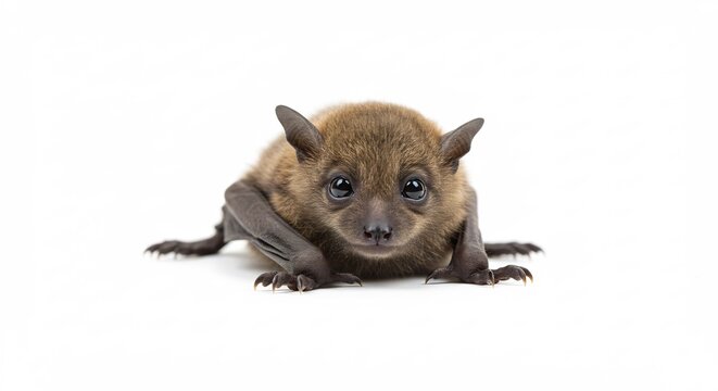 Adorable young brown bat with large dark eyes gently bathed in soft light on a pure white background. AI Generated