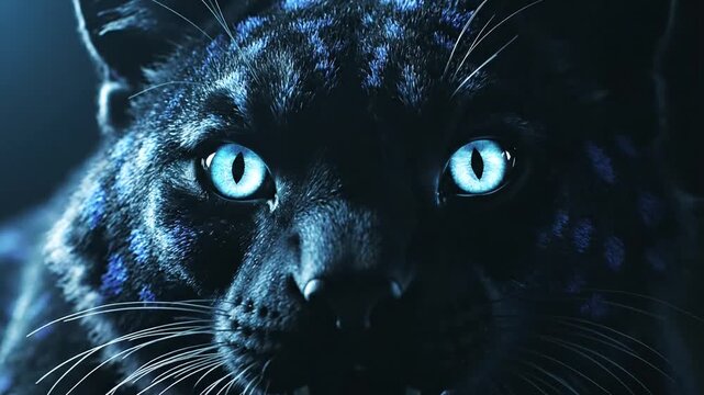 Cinematic close up of a black panther with glowing eyes in dark forest.