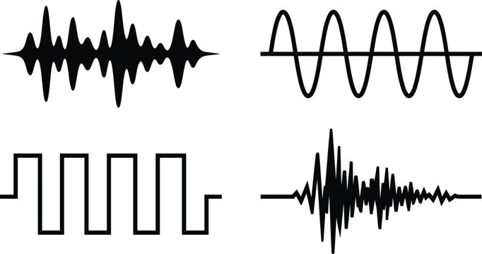 Black Silhouette of Different Waveforms Including Sound, Sine, Square, and Audio Signals for Music, Audio, and Sound Design Illustrations