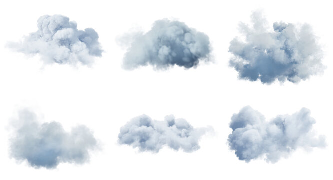 a high-quality photograph of a diverse selection of realistic white cumulus clouds, isolated cleanly against a dramatic dark background.