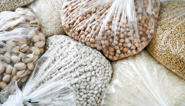 Close up of Various Grains and Beans in Clear Plastic Bags 