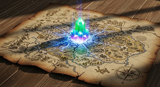Mystical Map with Glowing Crystal - A Journey to the Unknown.
