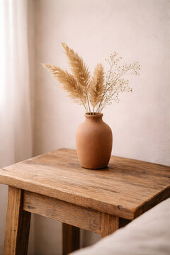 Minimal Rustic Vase with Dried Pampas Grass on Wooden Table, Warm Neutral Home Decor