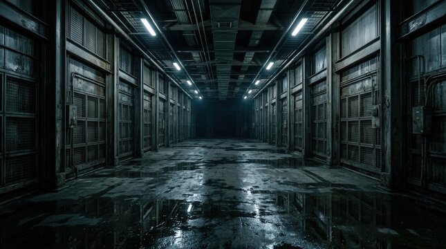 A dark, cyber-futuristic industrial corridor rendered with glowing lights and a wet floor, leading into an empty, mysterious background.