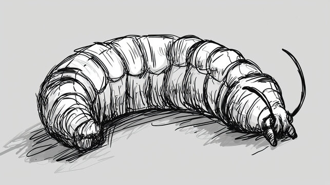 Detailed ink drawing of a plump, segmented grub or caterpillar with antennae, casting a shadow on a light gray background
