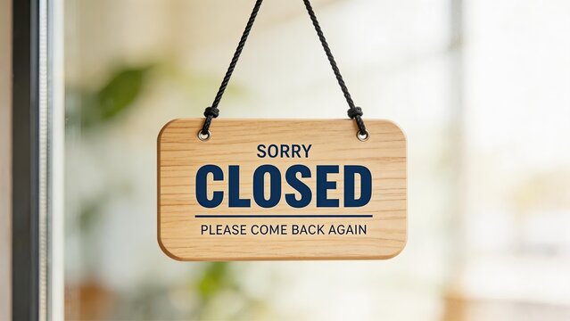 Sorry closed wooden sign hanging on glass door please come back again notice business hours concept empty shop temporary closure store front retail commercial open and shut welcome
