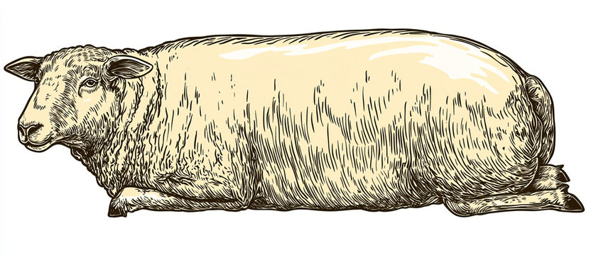 Detailed line art illustration of a cream-colored sheep lying down, depicted in a side profile on a white background