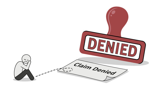 Insurance claim denied concept illustration with sad person and large red rubber stamp on document.