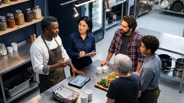 Chef and manager discussing restaurant menu with kitchen staff