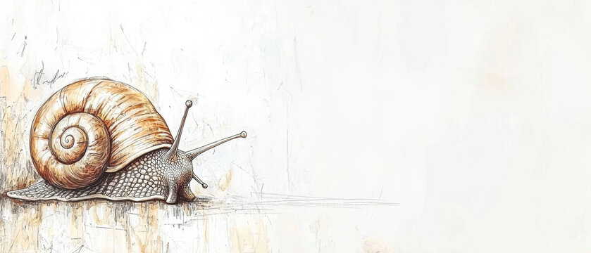 Detailed watercolor sketch of a brown snail with a spiral shell, moving on a textured white background with subtle ink lines