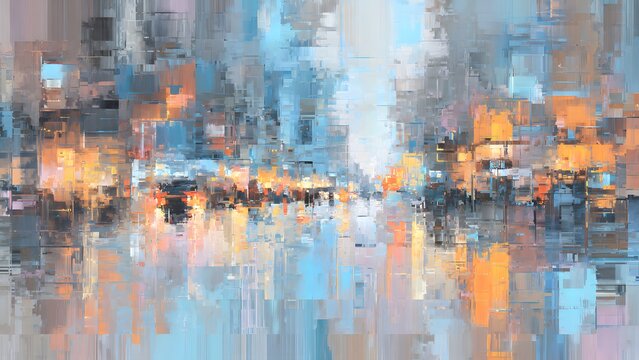 Colorful abstract watercolor landscape with buildings, rivers and trees, blending nature and futuristic digital art textures as a vibrant wallpaper design