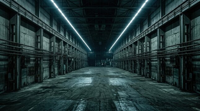 A dark, empty futuristic industrial hall rendered with glowing neon lights creating a deep, cyber perspective.