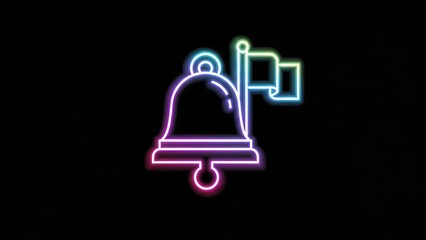 Obraz premium Vibrant neon outline of a bell and flag icon for digital alerts and achievement notifications