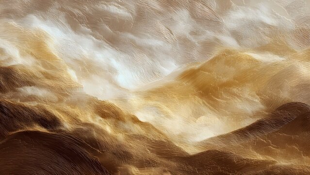 Flowing ocean waves on a rocky beach with stormy sky and natural water textures