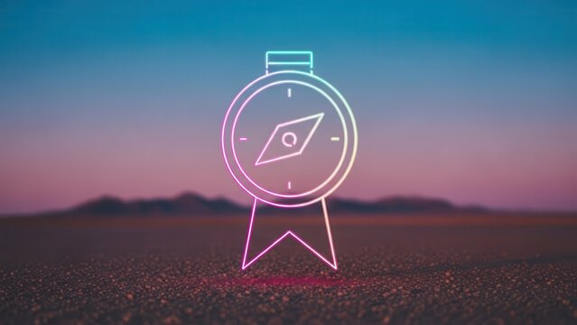 Vibrant neon compass icon illuminating a twilight desert landscape with digital guidance and