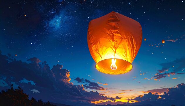 A glowing lantern floats in a starry night sky (1)