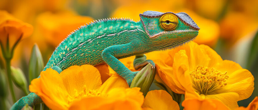 Emerald chameleon with striking golden eye perched in vibrant orange blossoms