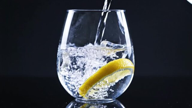 Close up of clear fresh water being poured into a stemless glass filled with ice cubes and a green lime slice against a clean background, showing bubbles and splashing movement.