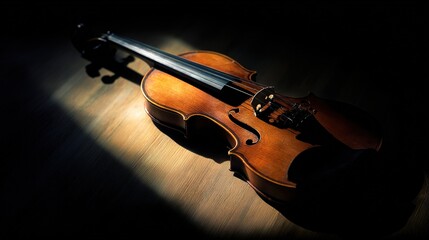 Fototapeta premium Lonely Violin Centered on Dark Stage under Spotlight, Visible Wood Grain, Dramatic Shadows, Minimalist Composition, Classical Musical Poetry