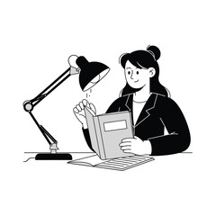 Fototapeta premium Young Woman Reading Book Under Desk Lamp Indoor Illustration