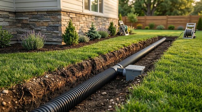 Underground drainage system installation near residential house