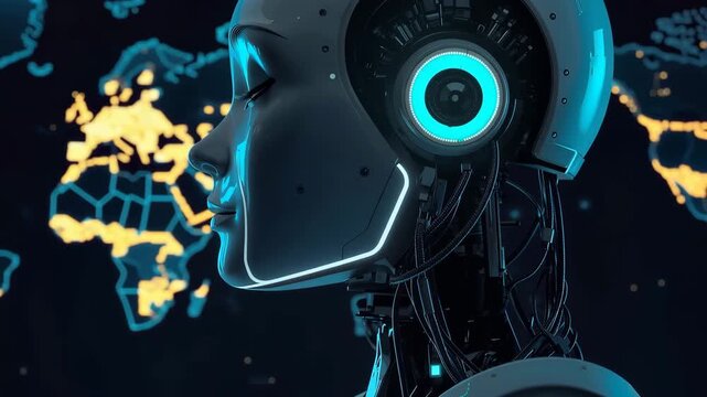 夜の監視を想起させるロボット横顔と暗い世界地図、静かなグローバル解析の未来表現