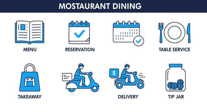 Restaurant Dining Icons: Menu, Reservation, Table Service, Takeaway, Delivery, Tip Jar