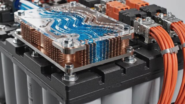Liquid cooling block copper heat sink with visible coolant channels over copper fins and blue coolant mounted battery module with orange power cables