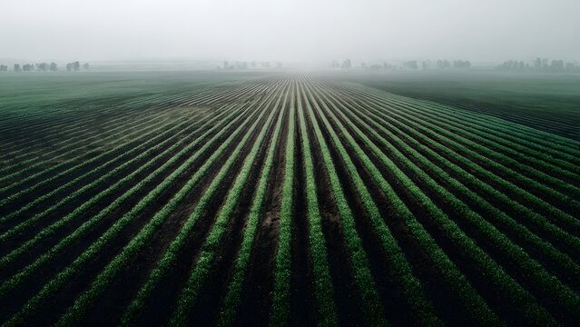 Fog drifting over a green countryside field under a wide cloudy sky