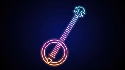 Naklejka premium Glowing neon banjo instrument on dark background, illuminated music icon, vibrant electric glow