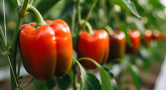 paprika merah segar tumbuh di kebun rumah kaca pertanian modern organik panen sayuran nutrisi sehat vitamin c tanaman agrikultur budidaya