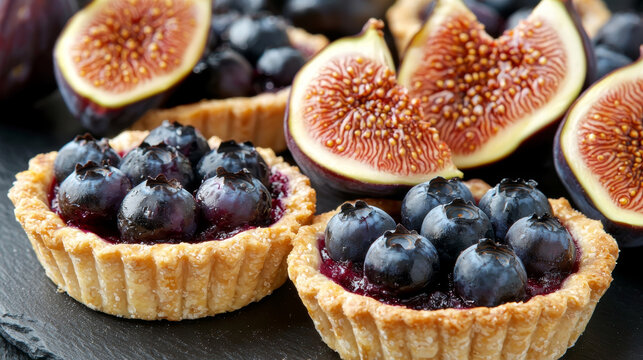 Fresh blueberry tarts and sliced figs on dark background, highlighting ripe fruit and golden pastry