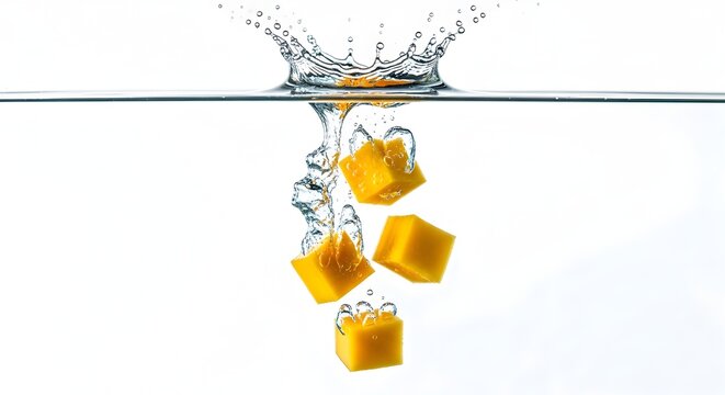 potongan dadu buah mangga kuning jatuh ke dalam air jernih menghasilkan percikan segar konsep minuman hidrasi kesehatan latar putih