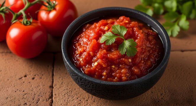 saus tomat salsa merah pedas dalam mangkuk hitam dengan daun ketumbar segar latar belakang bata makanan meksiko bumbu masakan