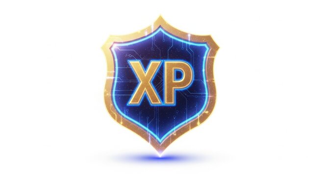 A blue and gold shield with XP on a white background