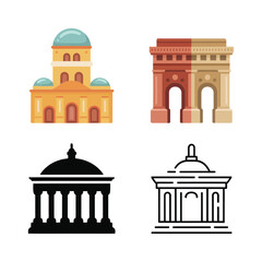 Obraz premium Historic landmark icons, domed pavilion and triumph arch, city tourism poster, culture week branding, sightseeing map elements, vector illustration set