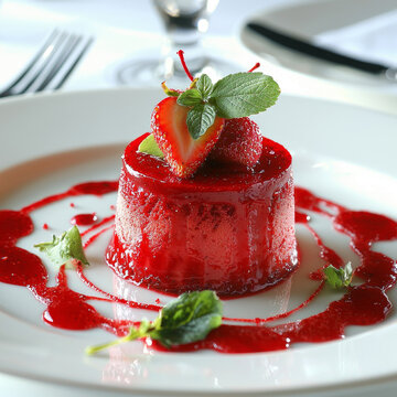 Glistening red berry dessert, topped with fresh strawberry and mint, elegantly presented on a white plate with sauce swirls