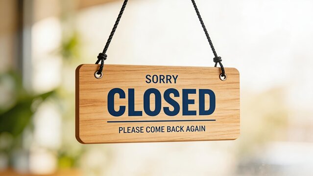 Sorry closed wooden sign hanging on shop door glass window business closed concept empty store no customers holiday weekend lockdown pandemic quarantine temporary shutdown retail