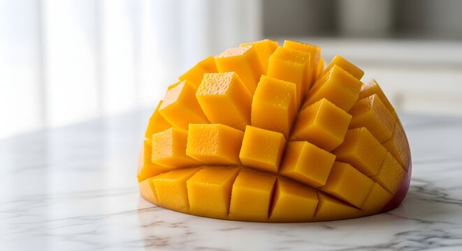 potongan dadu buah mangga kuning matang segar gaya landak meja marmer putih dapur nutrisi sehat tropis organik vitamin pencuci mulut bahan masakan
