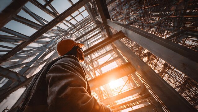Urban industrial construction site showing a building under construction with steel structure, glass and concrete in a city environment