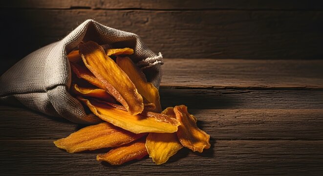 manisan irisan buah mangga kering tumpah dari karung goni meja kayu pedesaan camilan sehat organik tradisional makanan ringan manis diet nutrisi