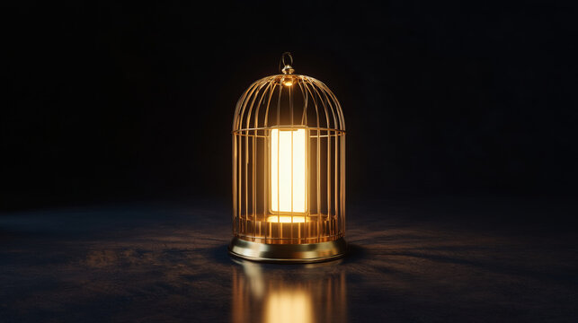 Golden birdcage lamp glowing light metal cage warm illumination dark background 3D render, minimalist moody still life