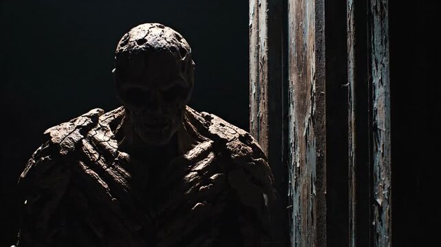 Creepy creature emerges from shadows in dark atmospheric scene.