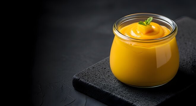 puding mangga kuning segar dalam toples kaca dengan daun mint di atas alas batu hitam elegan pencuci mulut lezat nutrisi sehat